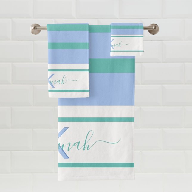 Bleu vert blanc rayures monogramme (Créateur téléchargé)