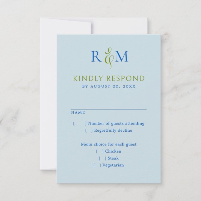 Bleu Vert clair Simple Monogramme Mariage RSVP (Devant)