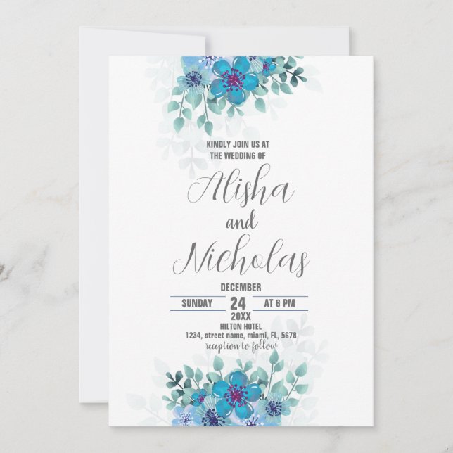 Bleu Vert Fleur Mariage Invitations (Devant)
