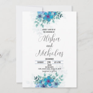 Bleu Vert Fleur Mariage Invitations