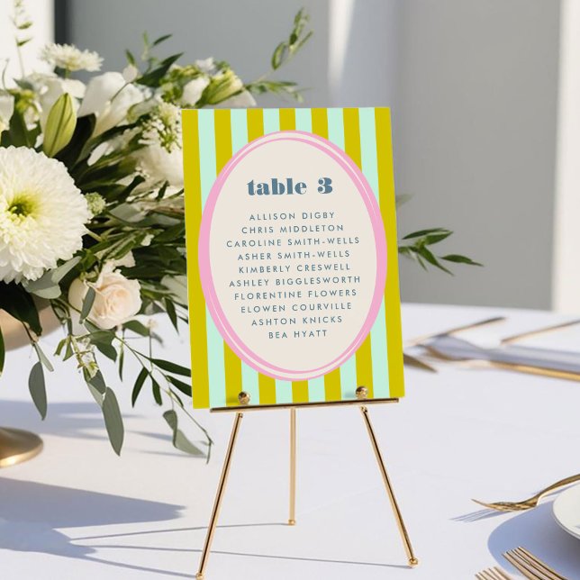 Bleu vert Gras Gratuit Tableau de siège (Green Blue Stripe Bold Bright Wedding Table Seating Chart Card)