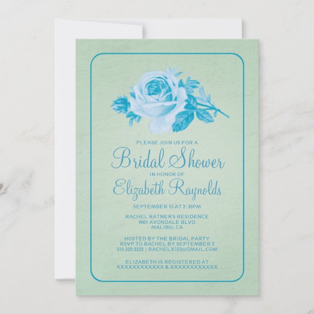 Bleu vert Rustique Floral Invitations de douche nu (Devant)