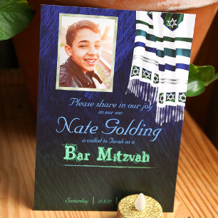 Bleu & Vert Tallit Bar Mitzvah Invitation