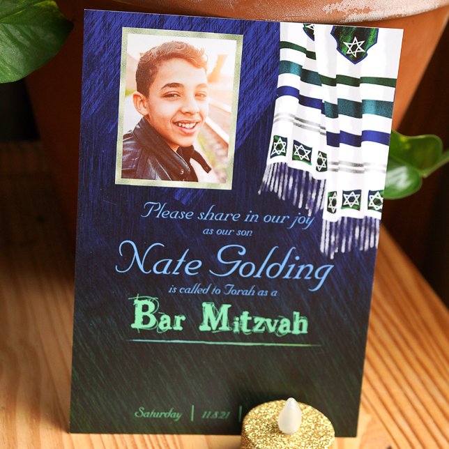 Bleu & Vert Tallit Bar Mitzvah Invitation (Dark blue and green bar mitzvah invitation with striped tallit with blue green stripes)