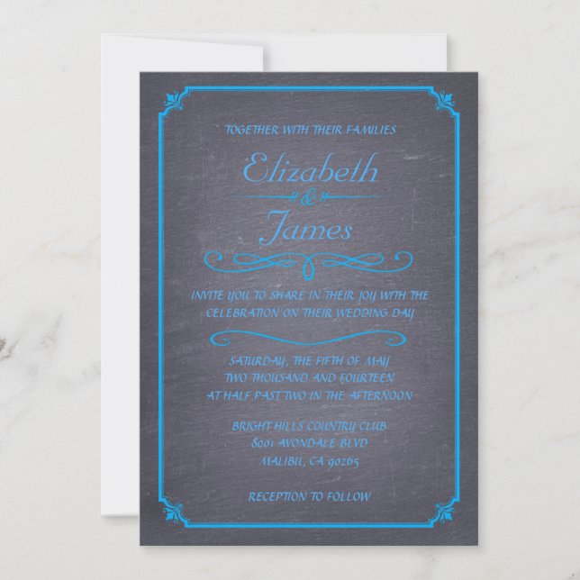 Bleu Vintage Chalkboard Invitations de mariage (Devant)