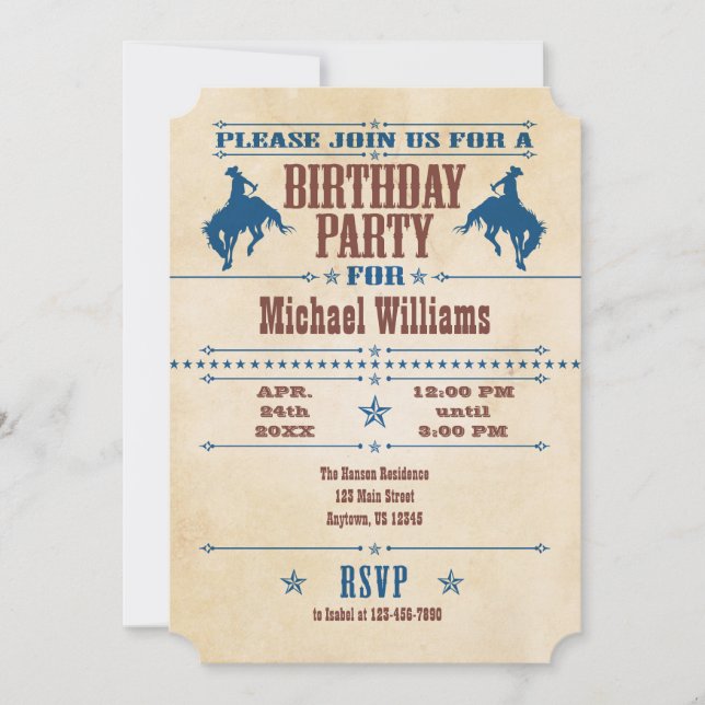 Bleu Vintage Cowboy Invitation Anniversaire (Devant)