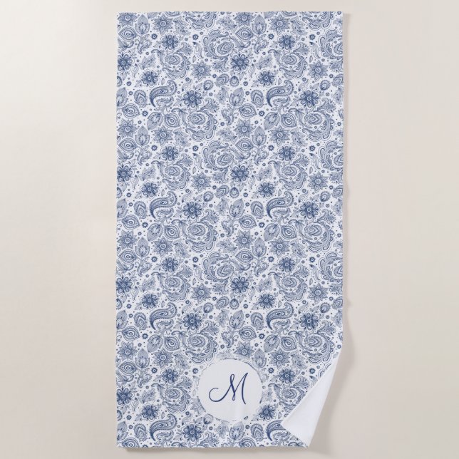 Bleu Vintage motif floral Monogram Plage serviette (Devant)