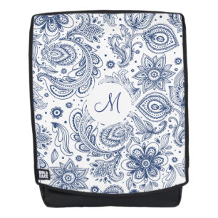 Bleu Vintage motif floral Monogramme sac à dos