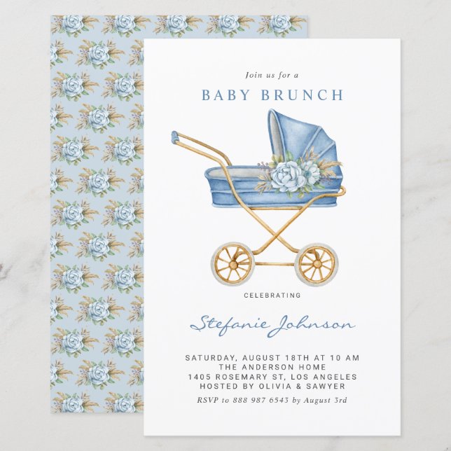 Bleu Vintage poussette bébé Brunch Invitation (Devant / Derrière)