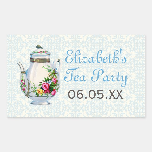 Bleu Vintage Tea Party Favoriser Stickers (Devant)