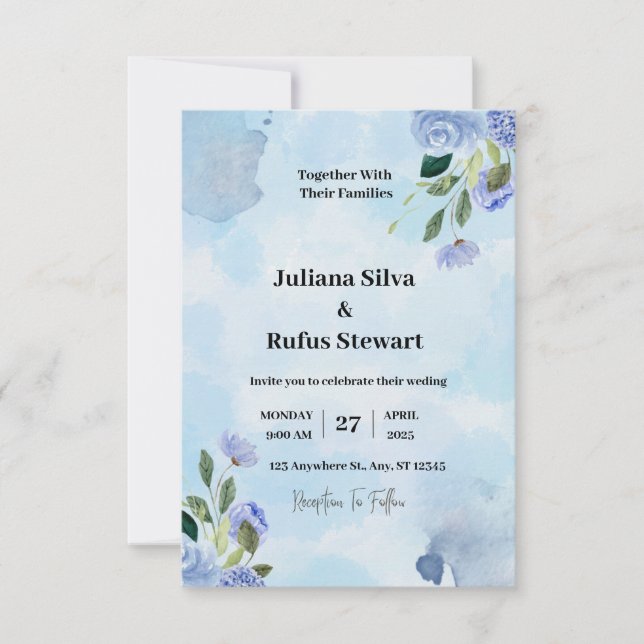 Bleu Violet Aquarelle Mariage Simple Minimaliste (Devant)