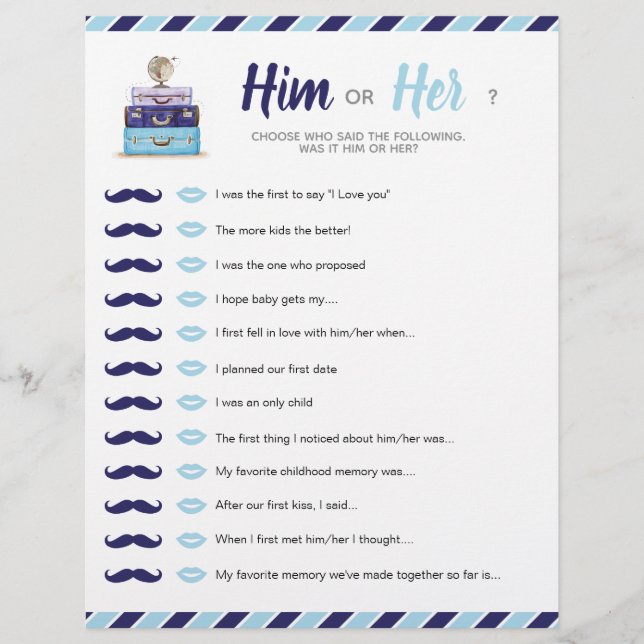 Bleu Voyage Douche bébé nuptiale Lui ou son jeu (Devant)