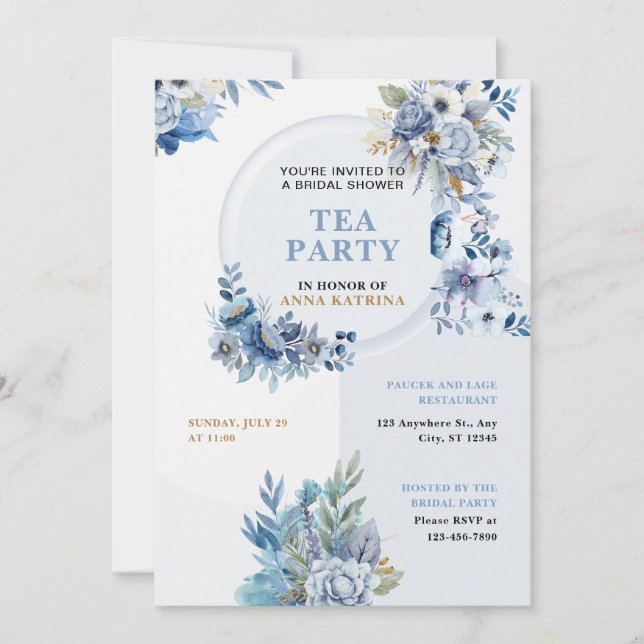 Bleu Watercolor Tea Party Bridal Douche Invitation (Devant)