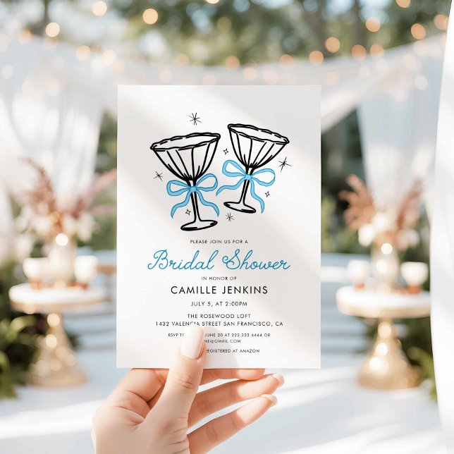 Bleu Whimsical Champagne Bridal Douche Invitation (Blue Bow Brunch Champagne Bridal Shower Invitation)