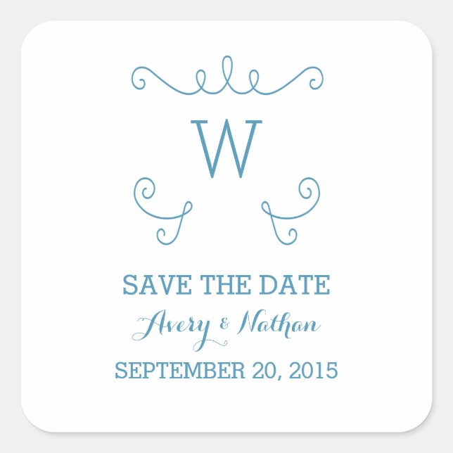 Bleu Whimsical Flourish Save Date Stickers (Devant)
