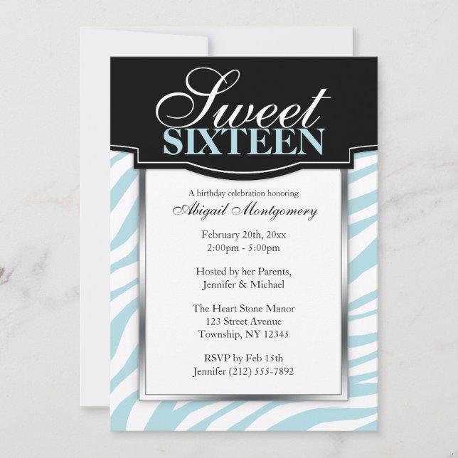 Bleu Zèbre Imprimer Sweet 16 Invitations Anniversa (Devant)