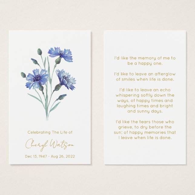 Bleuet | Carte de prière mémorielle simple (Devant & derrière)