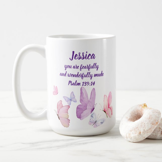 Blissful Butterfly Psalm 139:14 Coffee Mug (Avec donut)