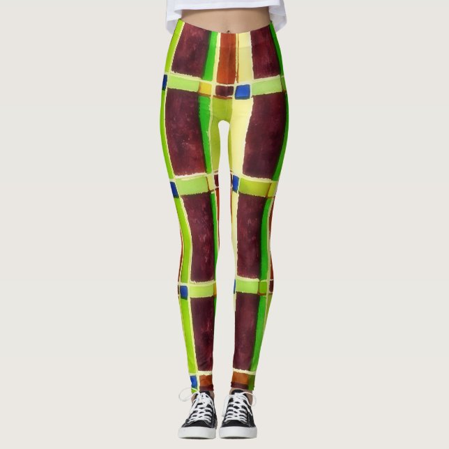 Bloc de couleur Abstrait Art Vert Brown Leggings (Devant)