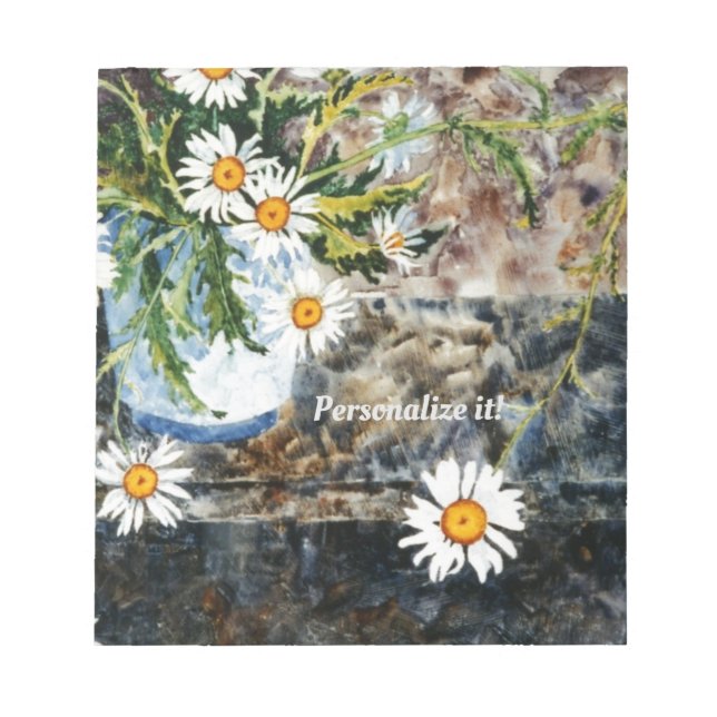 Bloc-note A white and blue pot of wild daisies on a shelf (Devant)