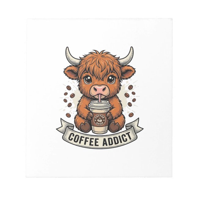 Bloc-note Accro au café Vache des Highlands Mignonne Gravure (Devant)