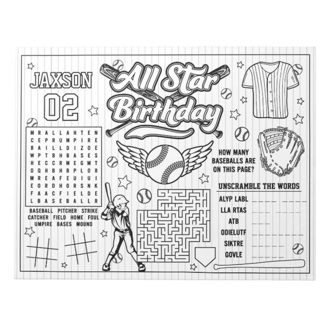 Bloc-note Activité de coloriage d'anniversaire de baseball p (Devant)