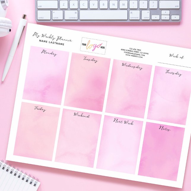 Bloc-note Ajouter le nom du logo Aquarelle rose bureau Plani (Créateur téléchargé)