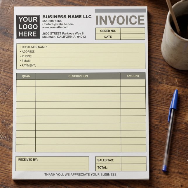 Bloc-note Ajouter un logo Bloc de vente de l'entreprise Form (custom logo cash payment receipt, large printable pastry invoice template)