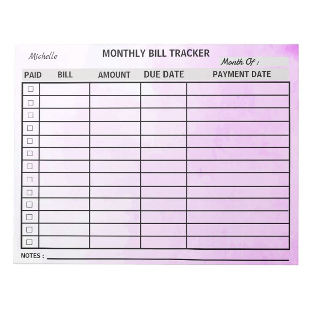 Bloc-note Ajouter votre nom Mois Bill Tracker Aquarelle (Devant)