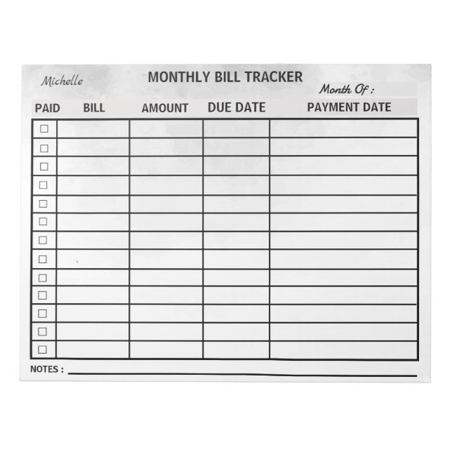 Bloc-note Ajouter votre nom Mois Bill Tracker Aquarelle (Devant)