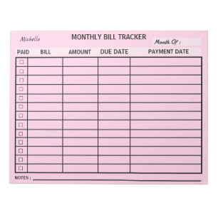 Bloc-note Ajouter votre nom Monthly Bill Tracker Personnalis
