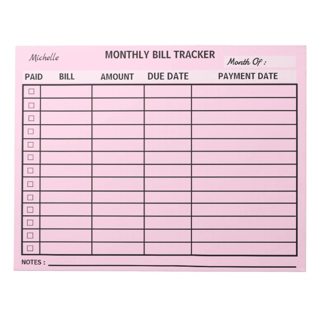 Bloc-note Ajouter votre nom Monthly Bill Tracker Personnalis (Devant)