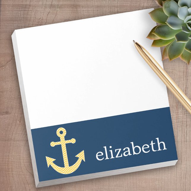 Bloc-note Ancre nautique avec Motif de Navy Jaune Chevron (Personalized notepad - great for a gift or your home office)