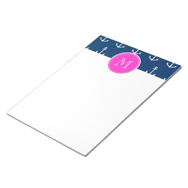 Bloc-note Ancres Bleu Marine Motif, Monogramme Rose Chaud (Incliné)