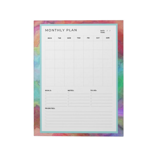 Bloc-note Aquarelle arc-en-ciel Plan calendrier mensuel non  (Tourné)