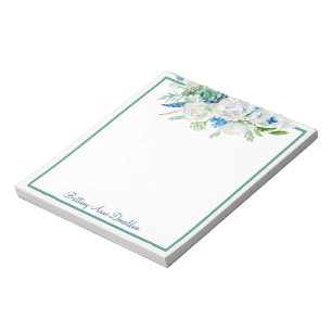 Bloc-note Aquarelle blanche bleue Nom floral Personnaliser