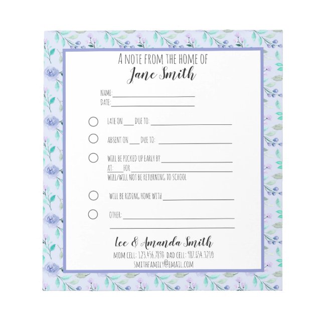 Bloc-note Aquarelle bleu Floral School Note Excusez 1 enfant (Devant)