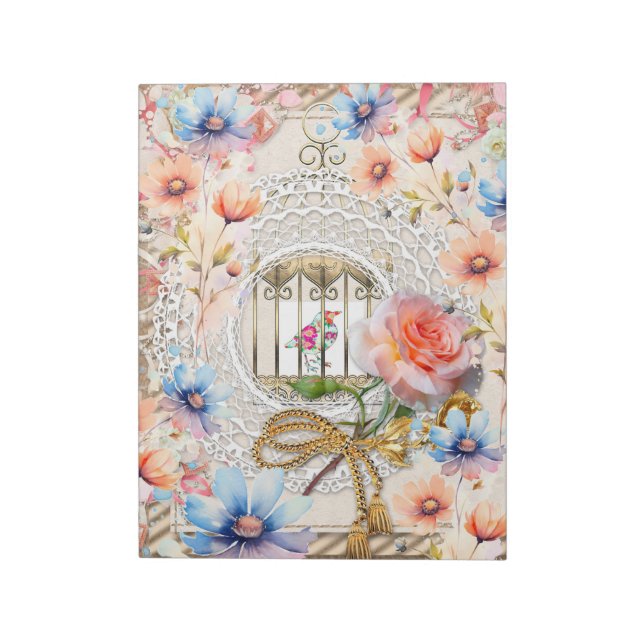 Bloc-note Aquarelle bleu rose Floral Bird Cage Elégante dent (Tourné)