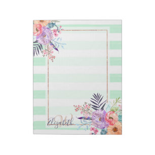 Bloc-note Aquarelle Boho floral, feuille, rayures peinture 