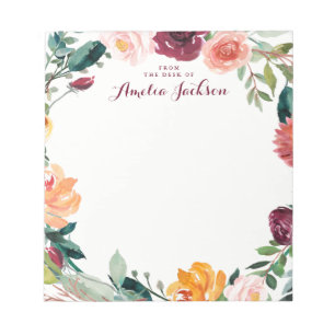 Bloc-note Aquarelle Bourgogne Fleur personnalisée Papier
