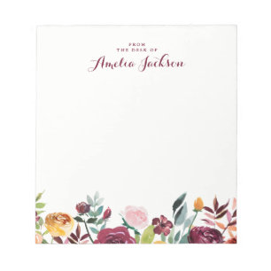 Bloc-note Aquarelle Bourgogne Floral Papier Personnalisé