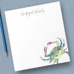 Bloc-note Aquarelle Crabe Bleu Papier à lettres personnalisé<br><div class="desc">Elégante et côtière,  cette papeterie personnalisée présente votre nom de famille ou monogramme dans une typographie manuscrite avec mon crabe bleu aquarelle d'origine. Parfait pour les mariages ou vos notes d'été. Pour en savoir plus sur les modèles de vie et les cadeaux de crabe,  visitez le site www.zazzle.com/dotellabelle</div>