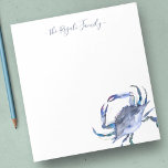 Bloc-note Aquarelle Crabe Bleu Papier à lettres personnalisé<br><div class="desc">Elégante et côtière, cette papeterie personnalisée présente votre nom de famille ou monogramme dans une typographie manuscrite avec mon crabe aquarelle dans les tons bleus. Parfait pour les mariages ou vos notes d'été. Pour en savoir plus sur les modèles de vie et les cadeaux de crabe, visitez le site www.zazzle.com/dotellabelle...</div>