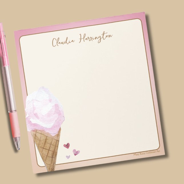 Bloc-note Aquarelle Crème de glace rose Papier à lettres per (This ice cream notepad features a scoop of soft pink ice cream in a waffle cone, along with hearts.)