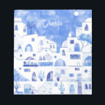 Bloc-note Aquarelle de Santorin personnalisée<br><div class="desc">Une aquarelle peinte en bleu et blanc vif d'Oia sur la belle île grecque de Santorin. Art original de Nic Squirrell. Modifiez ou supprimez le nom à personnaliser.</div>