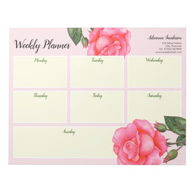 Bloc-note Aquarelle double face hebdomadaire Planner Rose ro (Devant)