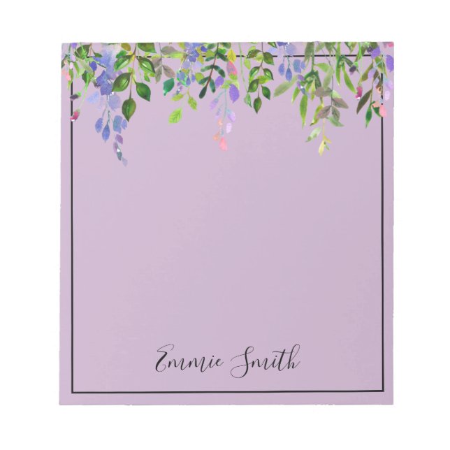 Bloc-note Aquarelle Fleurs Violettes Feuilles Vertes Personn (Devant)
