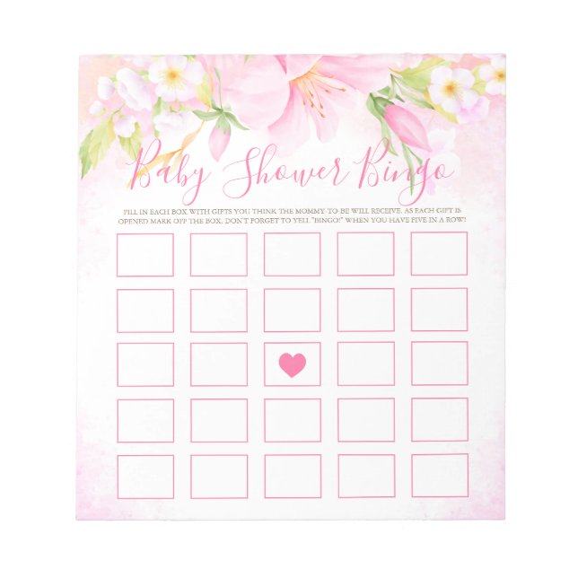Bloc-note Aquarelle Florale Baby shower rose Jeu Bingo Bébé (Devant)