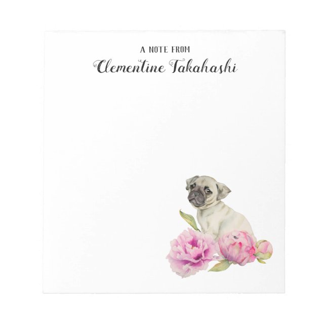 Bloc-note Aquarelle florale de chien carlin | Ajouter Votre  (Devant)