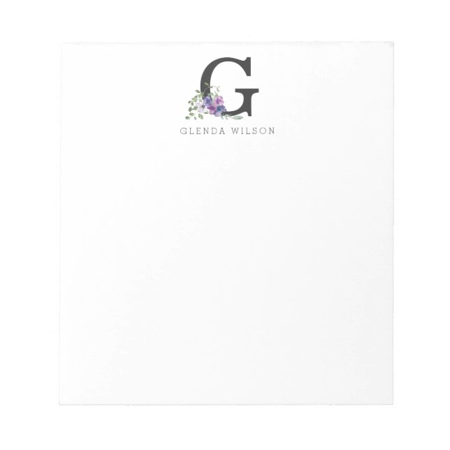 Bloc-note Aquarelle florale de fille Boho Chic violet Monogr (Devant)